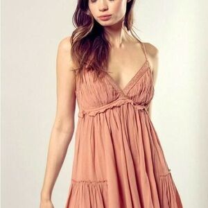 Pink Ruched Tiered Sundress with Spaghetti Straps